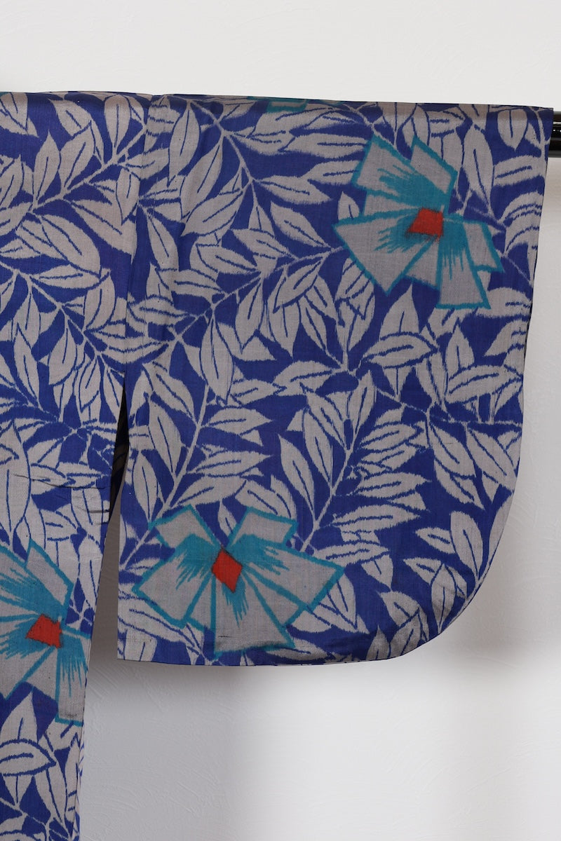 Tsumugi kimono Blue Red Gray Flower pre-owned /R561