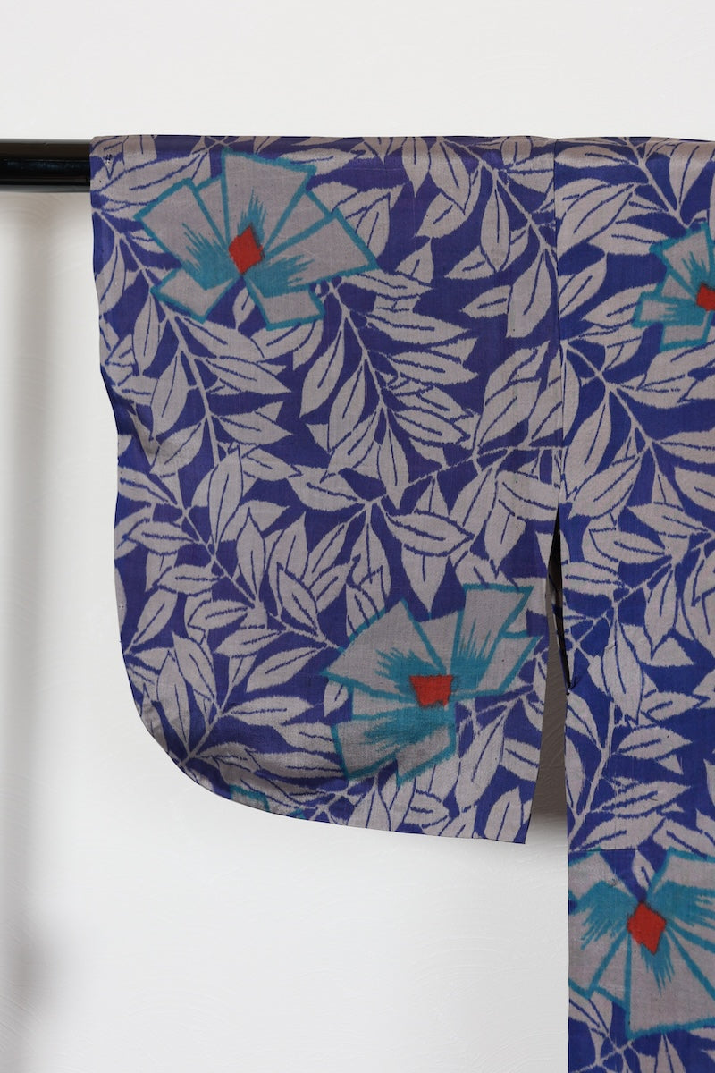 Tsumugi kimono Blue Red Gray Flower pre-owned /R561