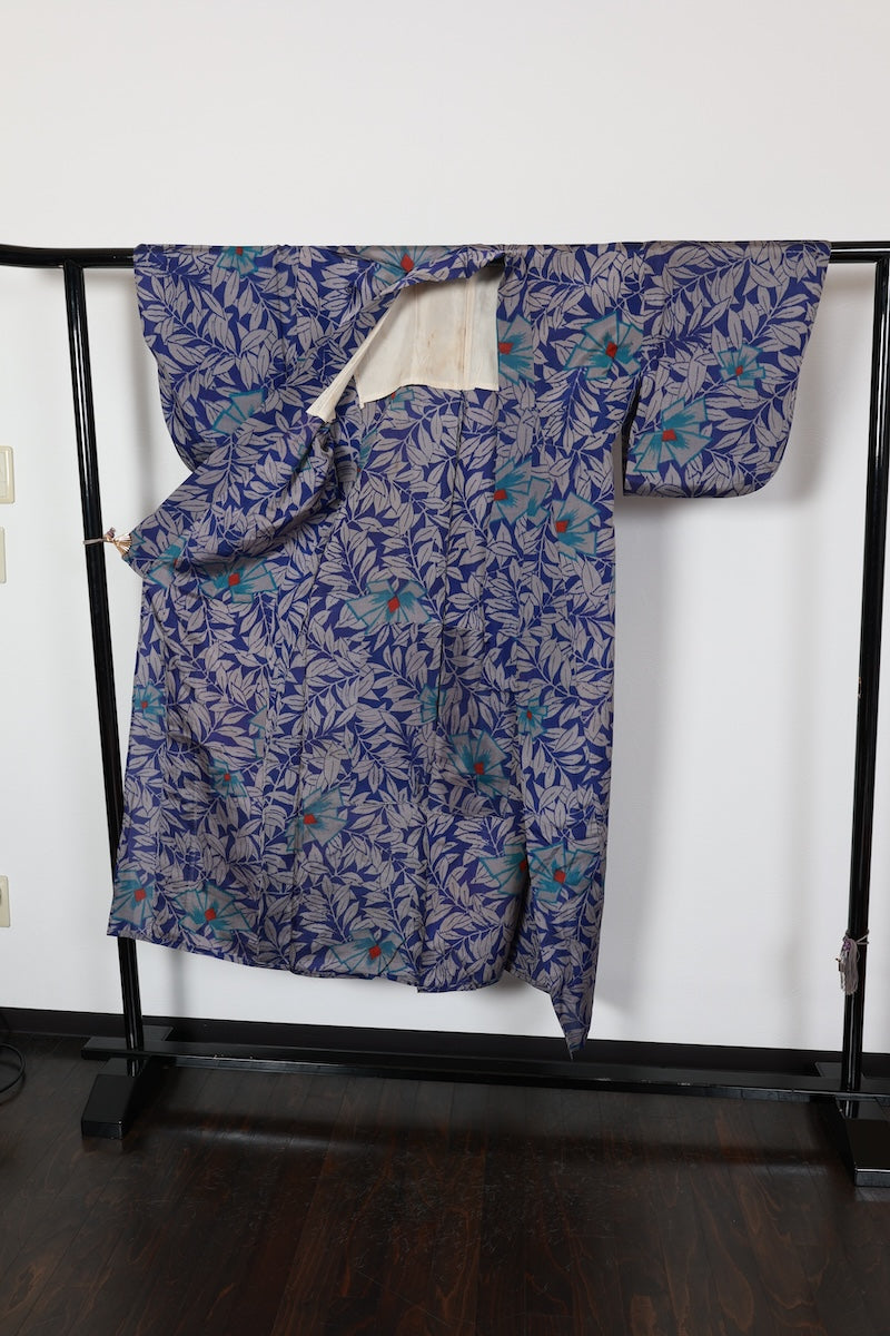 Tsumugi kimono Blue Red Gray Flower pre-owned /R561