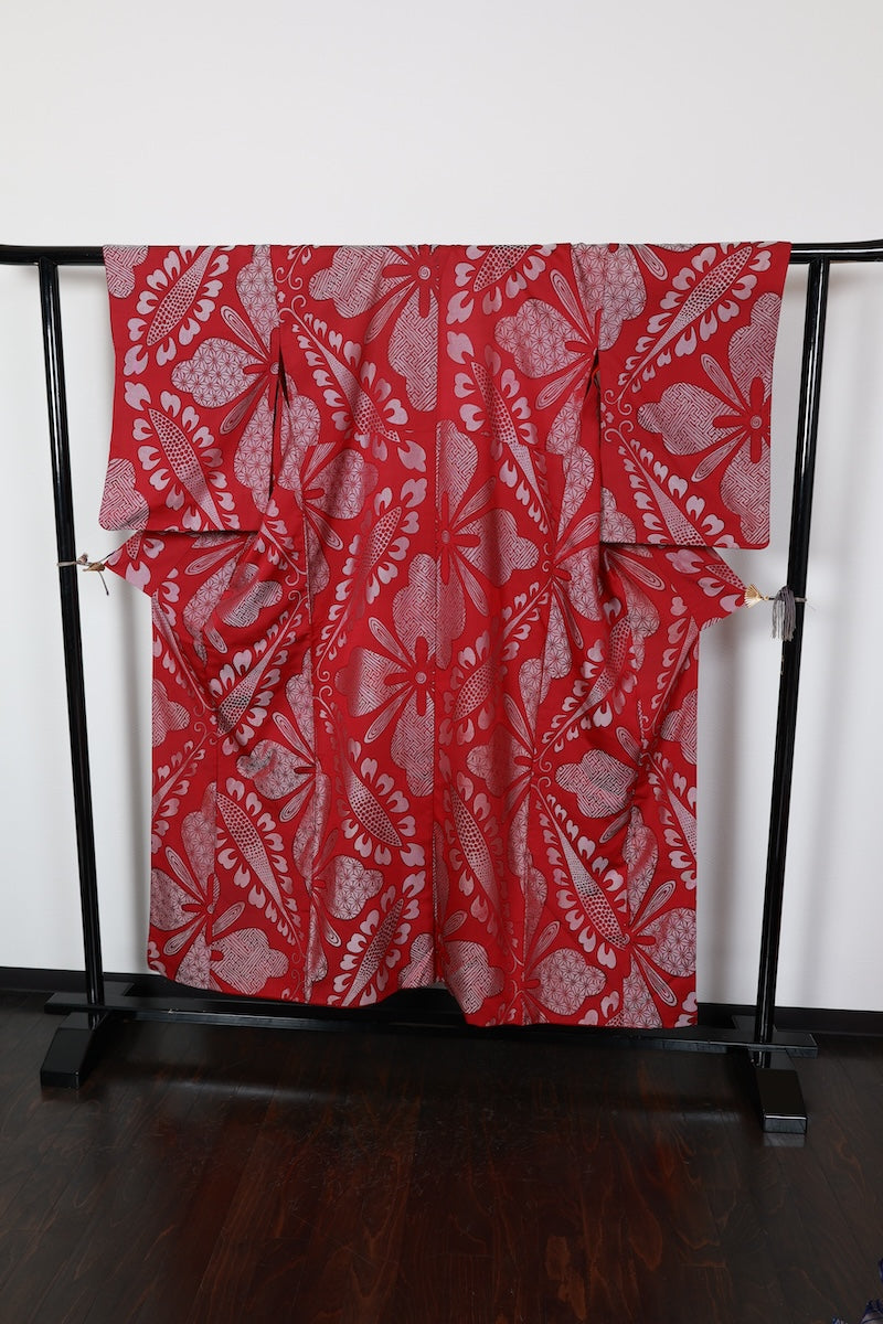 Komon kimono wine-color pre-owned /R558