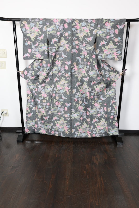 Komon kimono gray butterfly /R545