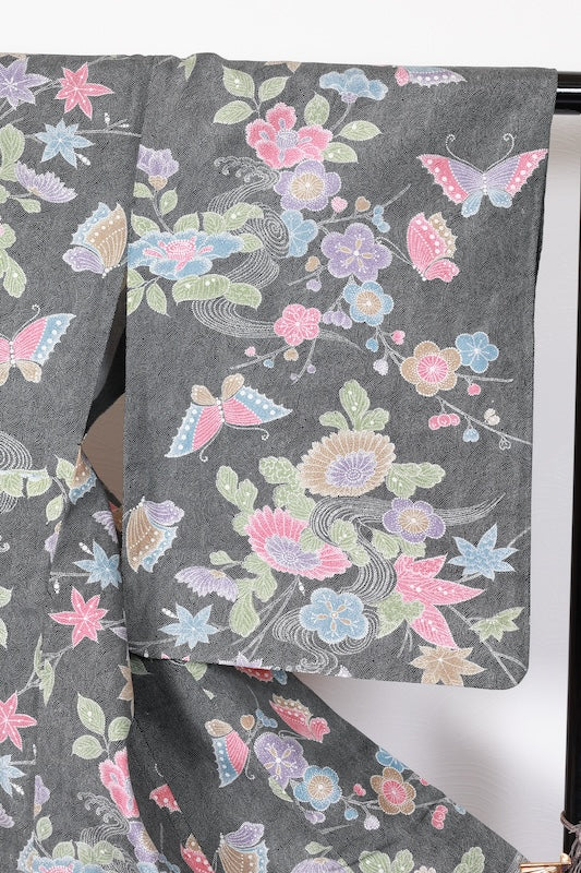 Komon kimono gray butterfly /R545