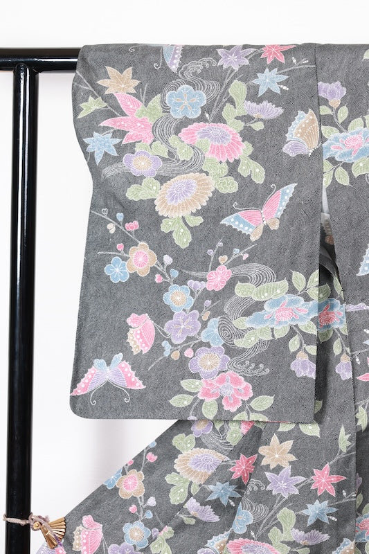 Komon kimono gray butterfly /R545