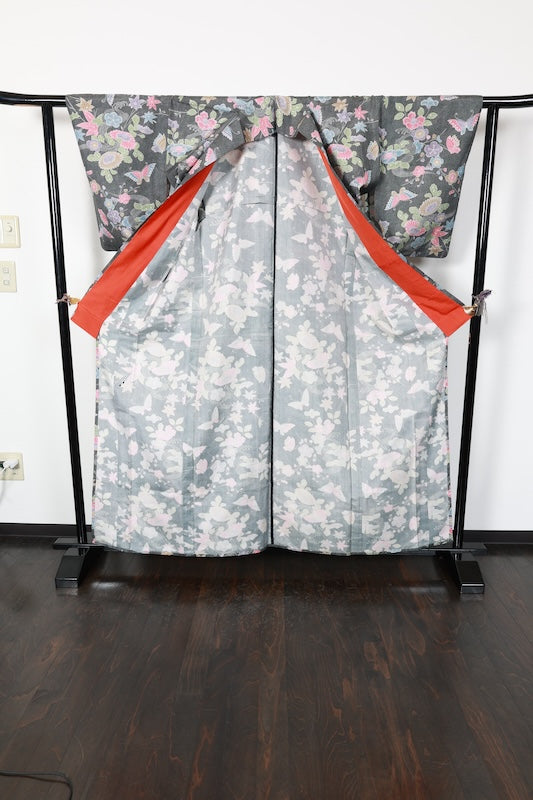 Komon kimono gray butterfly /R545