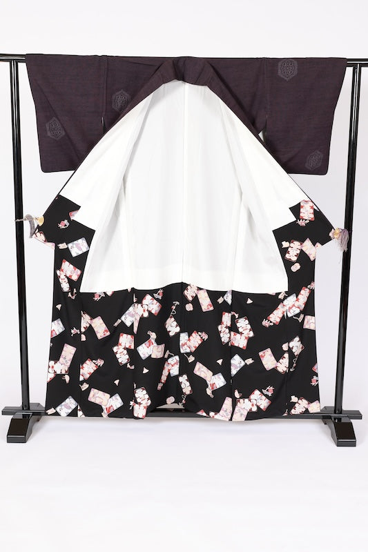 Japanese kimono used <Tsumugi> L-size  silk 100% /B1133