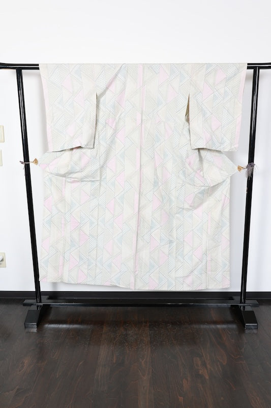 Tsumugi kimono beige bule green pink Hand-woven /R574