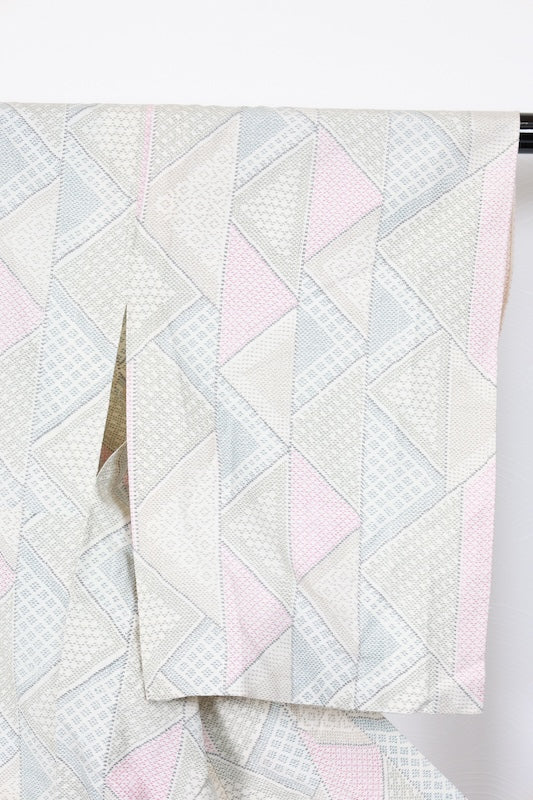 Tsumugi kimono beige bule green pink Hand-woven /R574