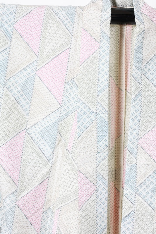 Tsumugi kimono beige bule green pink Hand-woven /R574