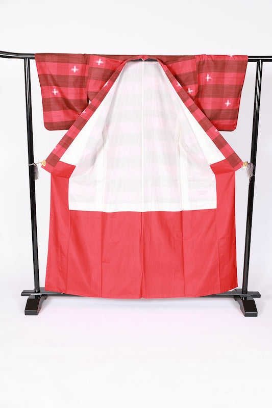 Japanese kimono used <Tsumugi> L-size  silk 100% /B1130