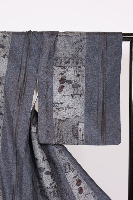 Japanese kimono used <Tsumugi> L-size  silk 100% /B1128