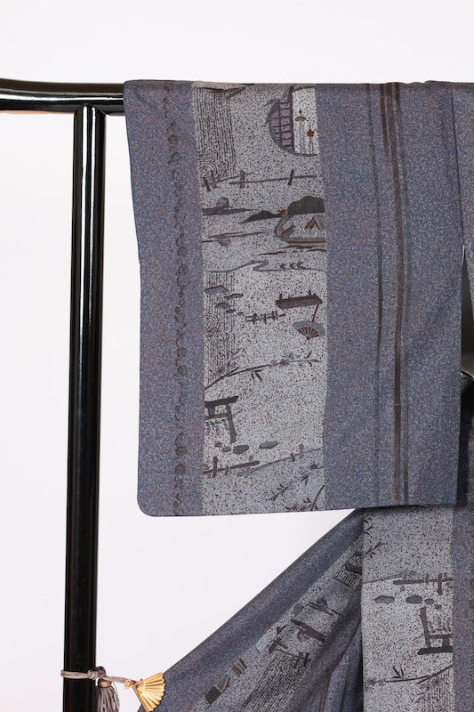 Japanese kimono used <Tsumugi> L-size  silk 100% /B1128