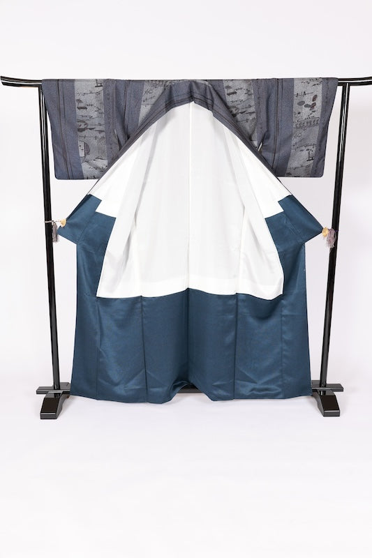 Japanese kimono used <Tsumugi> L-size  silk 100% /B1128