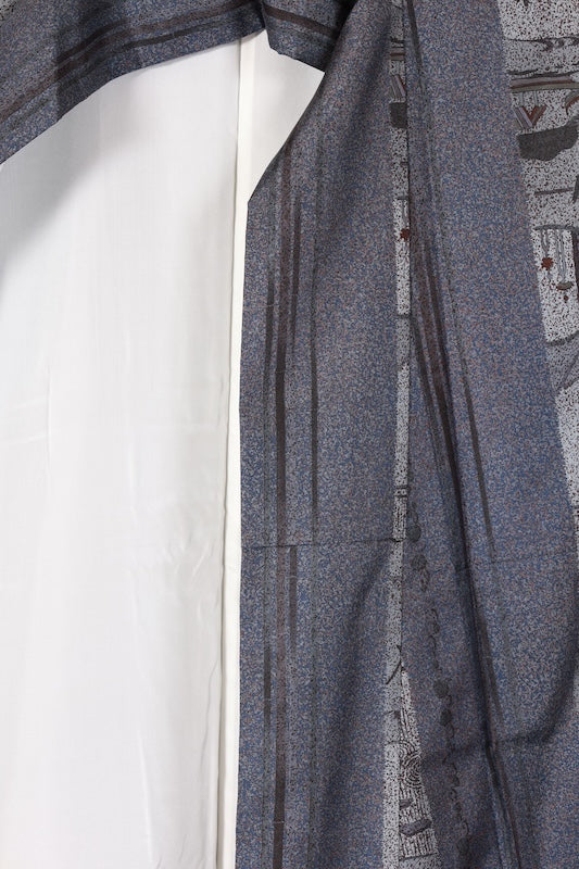 Japanese kimono used <Tsumugi> L-size  silk 100% /B1128