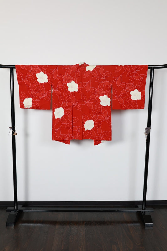 Haori jacket Madder red, white flower /R589