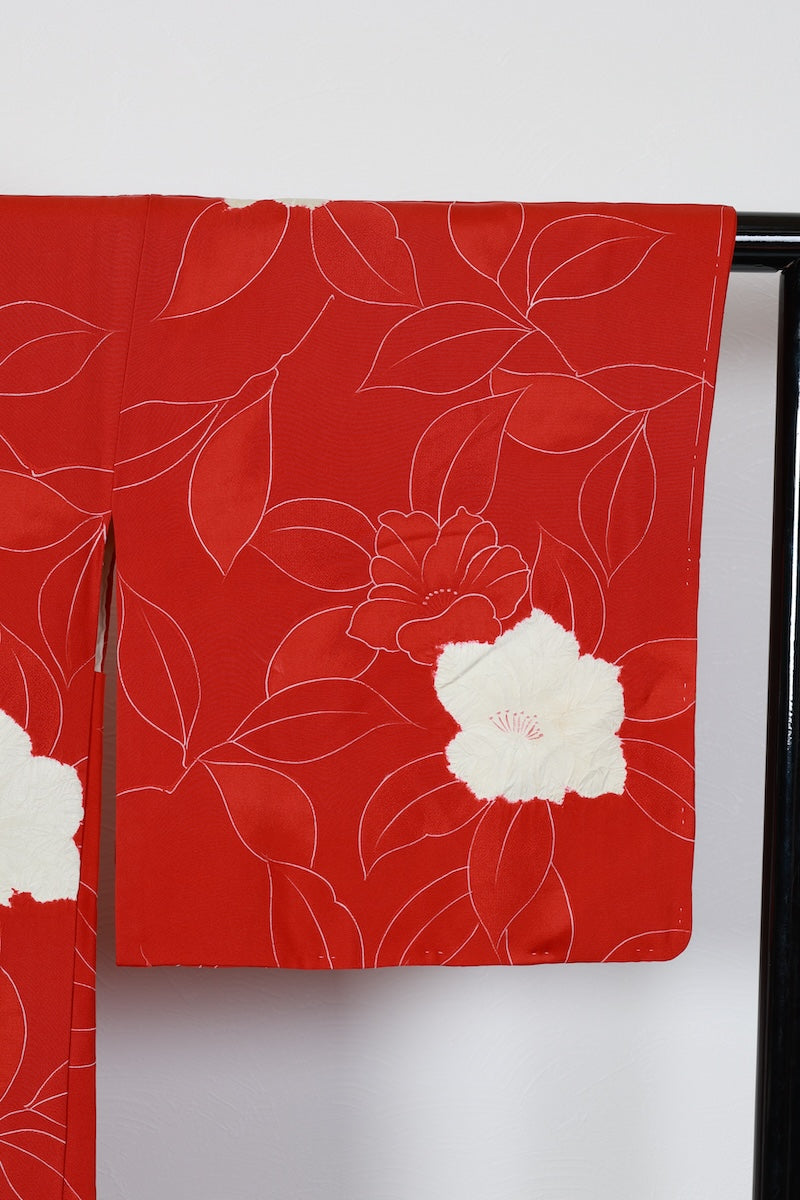 Haori jacket Madder red, white flower /R589
