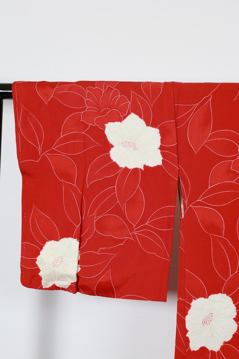 Haori jacket Madder red, white flower /R589