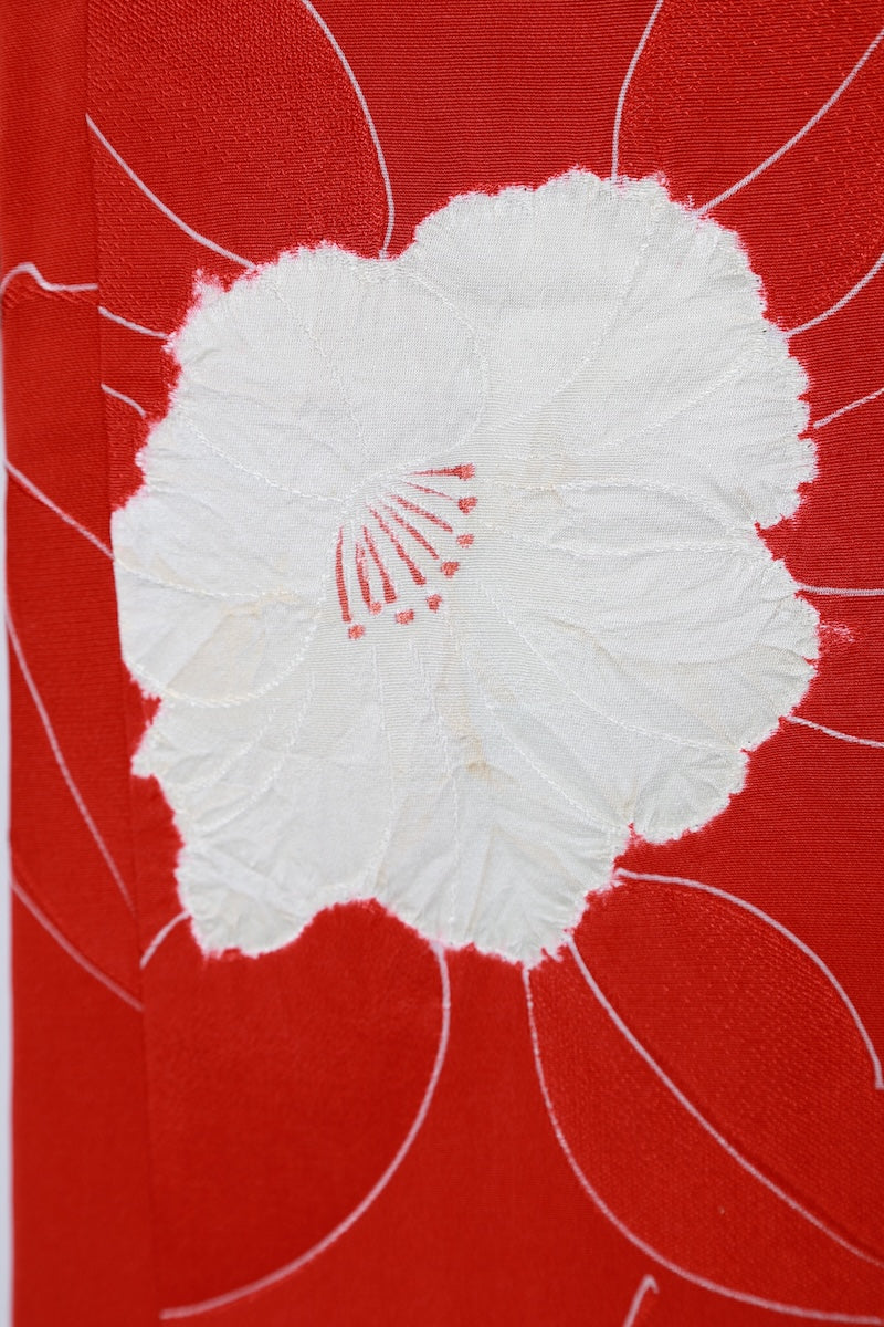 Haori jacket Madder red, white flower /R589