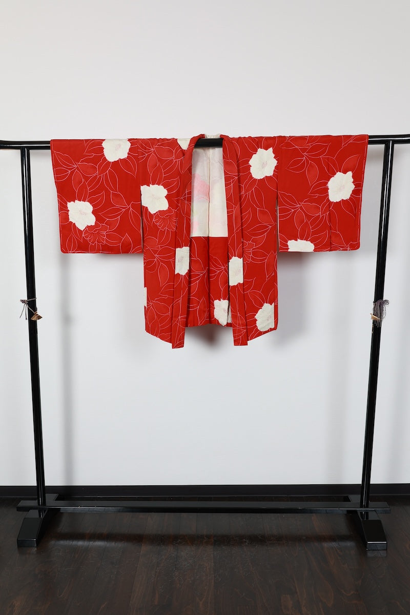 Haori jacket Madder red, white flower /R589