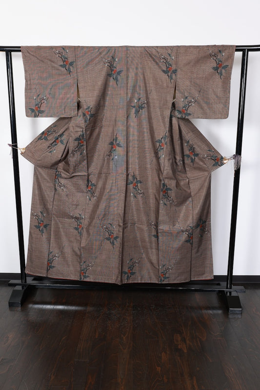Tsumugi kimono Indigo brown shade flower pre-owned /R608