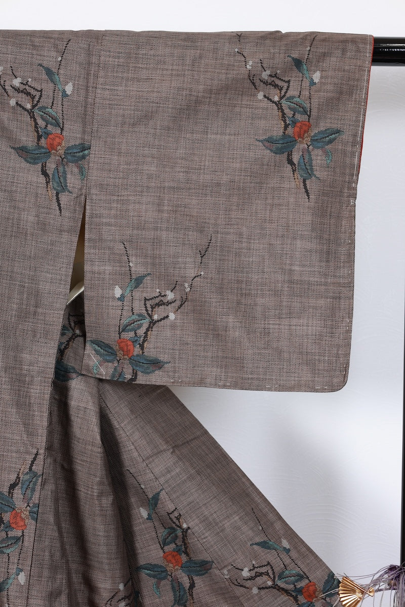 Tsumugi kimono Indigo brown shade flower pre-owned /R608