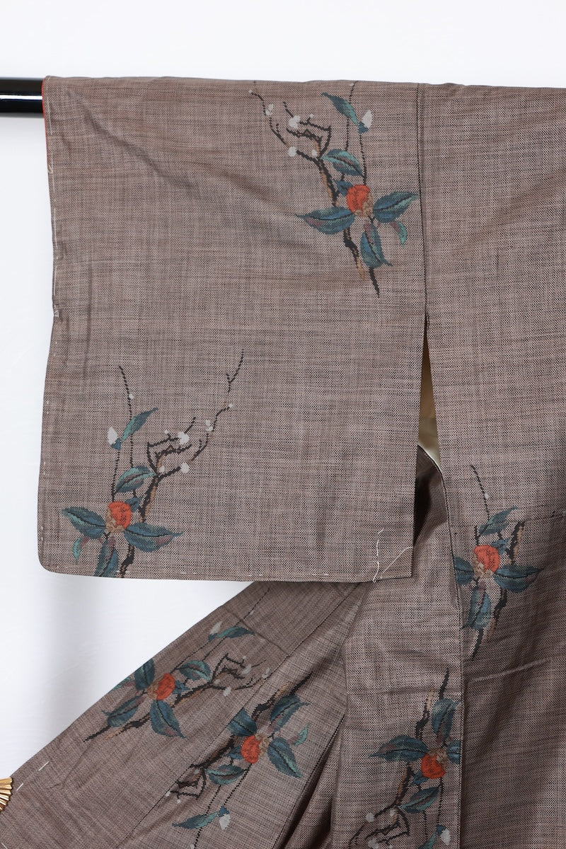 Tsumugi kimono Indigo brown shade flower pre-owned /R608