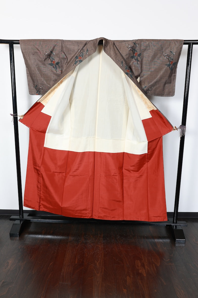 Tsumugi kimono Indigo brown shade flower pre-owned /R608