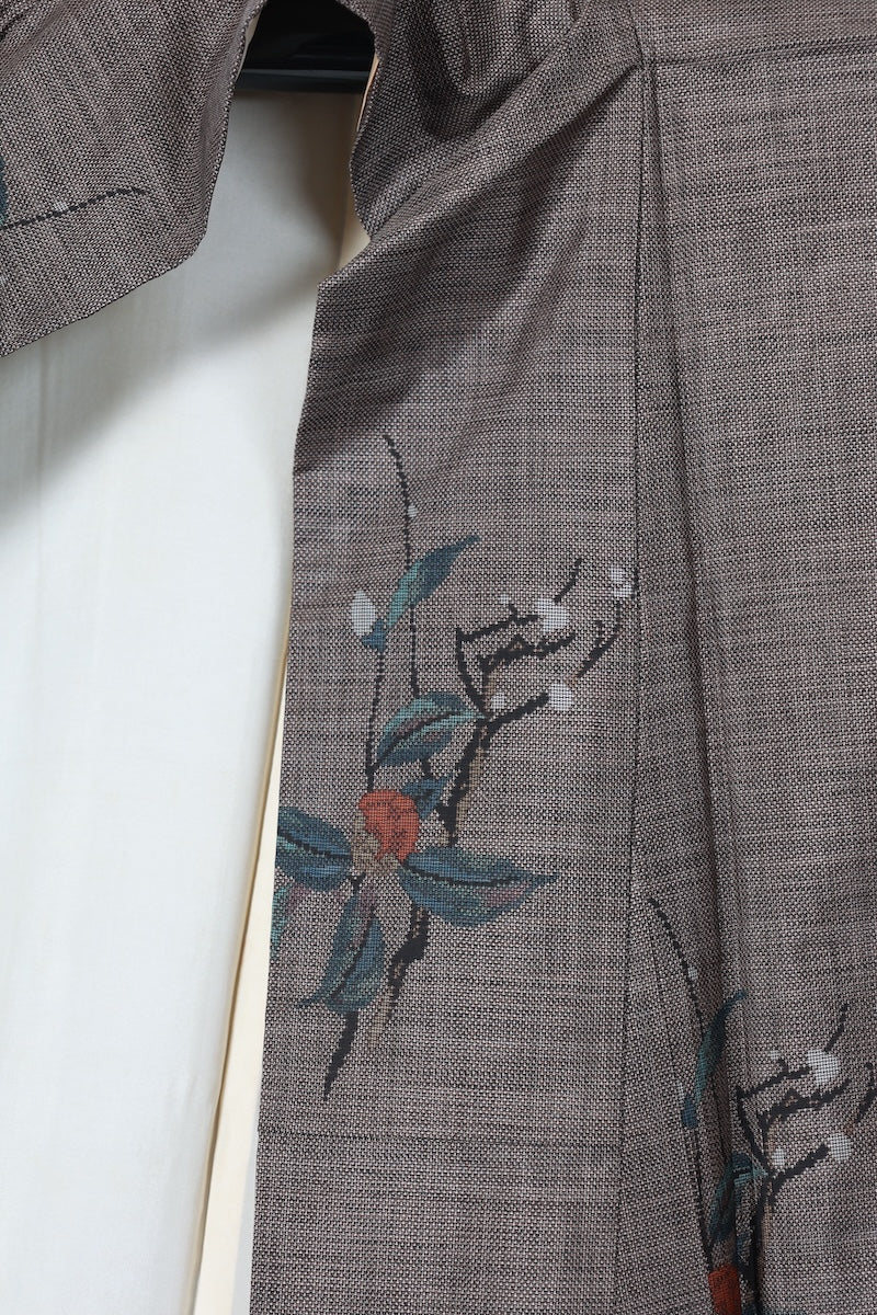 Tsumugi kimono Indigo brown shade flower pre-owned /R608