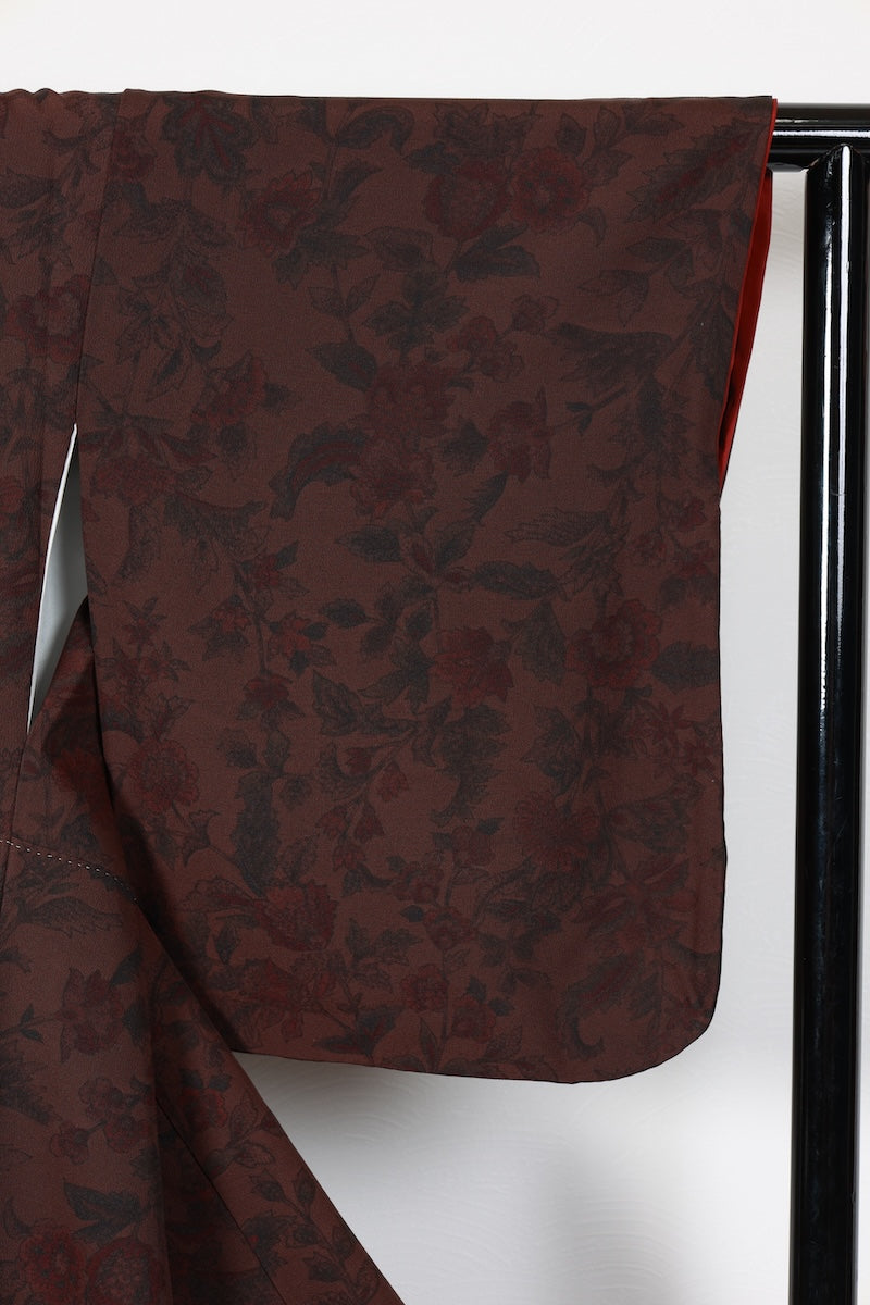 Komon kimono Shades of brown; wine red flower pre-owned /R606