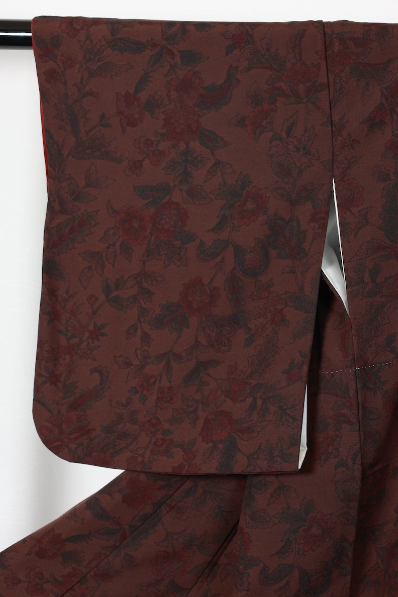Komon kimono Shades of brown; wine red flower pre-owned /R606