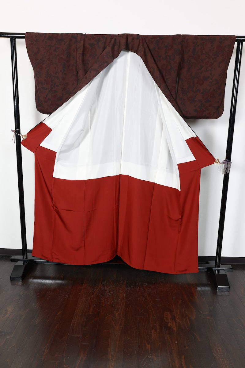 Komon kimono Shades of brown; wine red flower pre-owned /R606