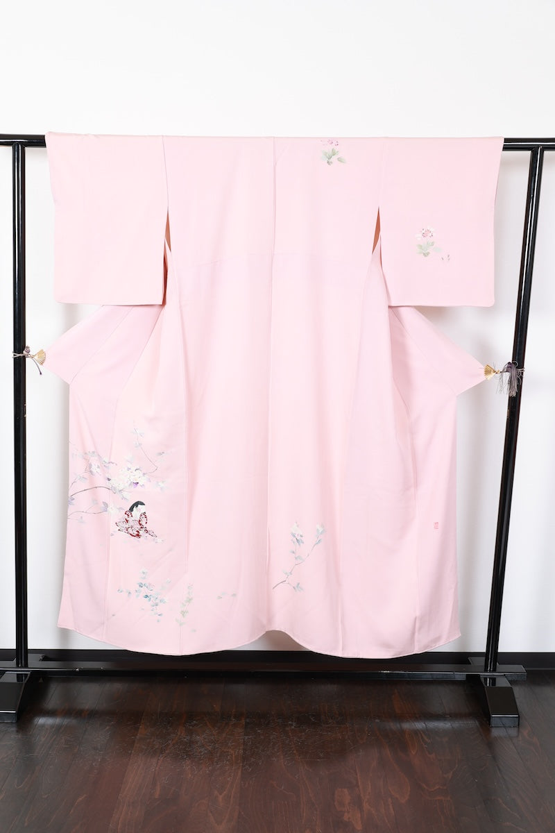 Houmongi kimono Cherry blossom pink, blue-gray Hand-drawn pre-owned /R625