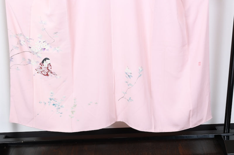Houmongi kimono Cherry blossom pink, blue-gray Hand-drawn pre-owned /R625