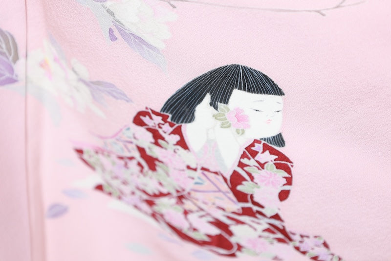 Houmongi kimono Cherry blossom pink, blue-gray Hand-drawn pre-owned /R625