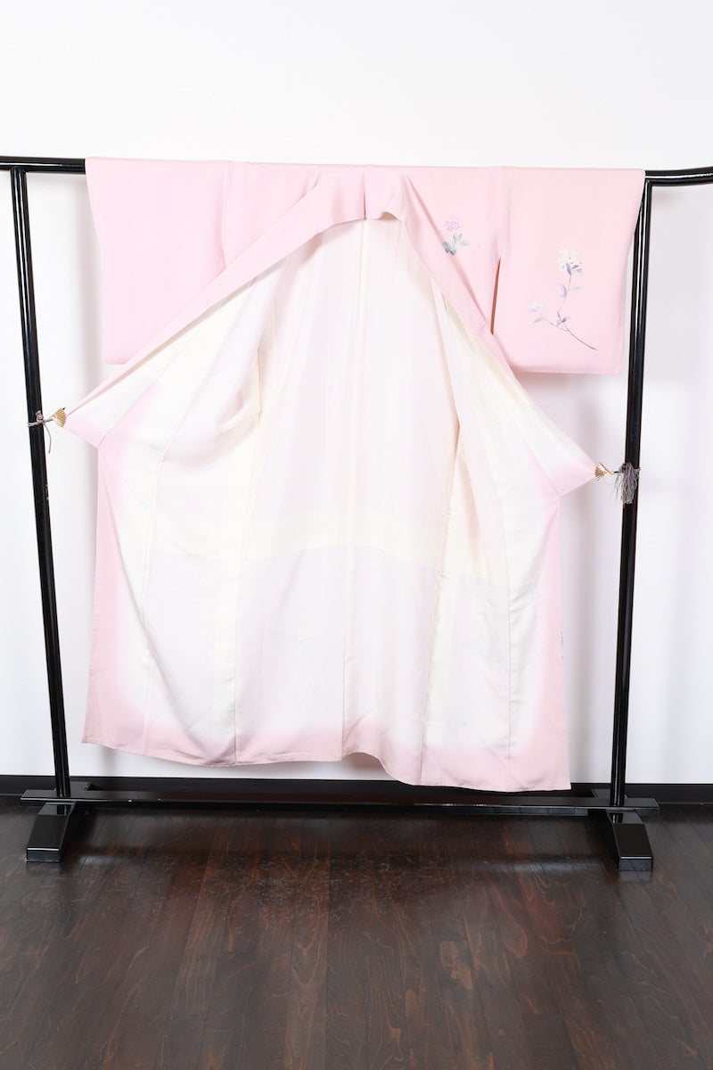 Houmongi kimono Cherry blossom pink, blue-gray Hand-drawn pre-owned /R625