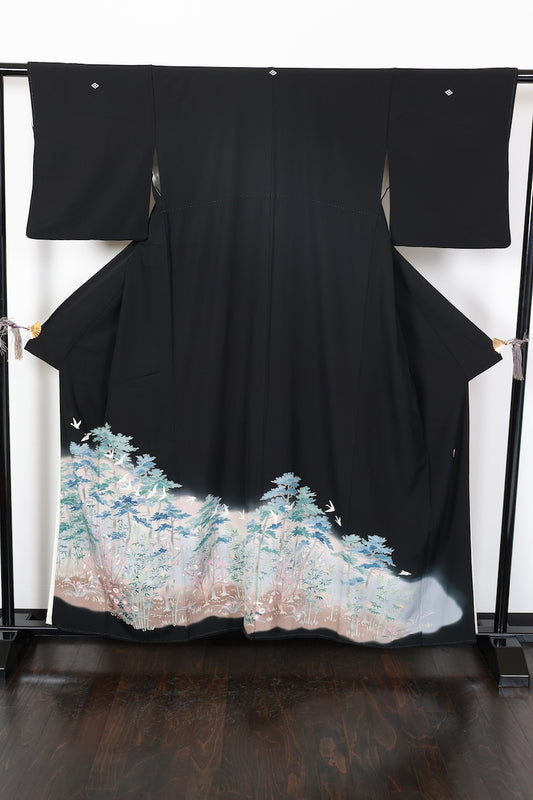 Kurotomesode kimono Crane flower pine pre-owned /AZ130