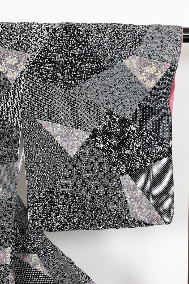 Edokomon kimono black gray white Hand-drawn New, unused item /AZ128