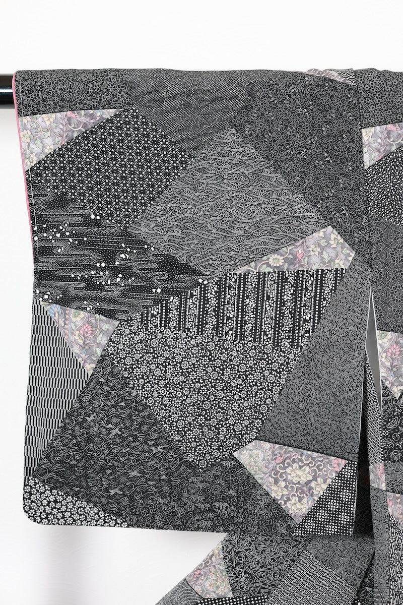 Edokomon kimono black gray white Hand-drawn New, unused item /AZ128