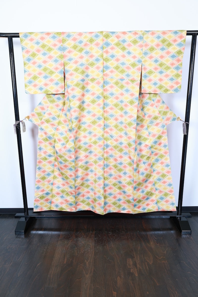 Tsumugi kimono off-white green yellow Brand New /AZ126