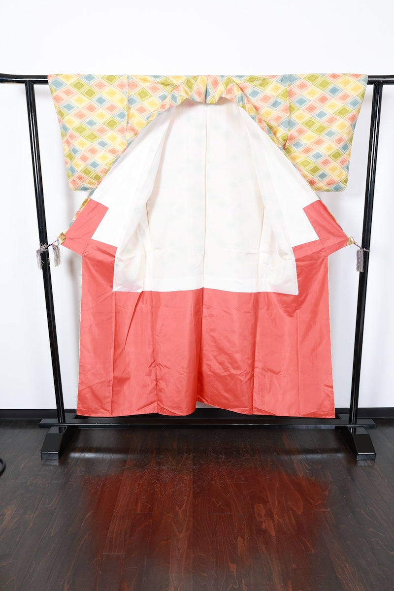 Tsumugi kimono off-white green yellow Brand New /AZ126