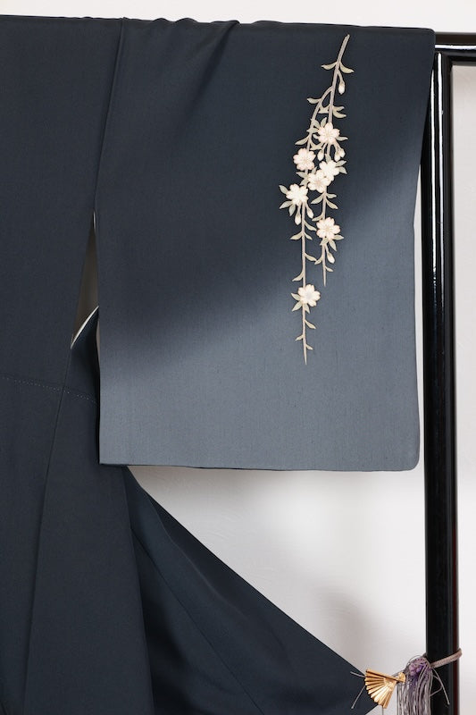 Houmongi kimono Dark navy, gray, cherry blossom pink pre-owned /R629