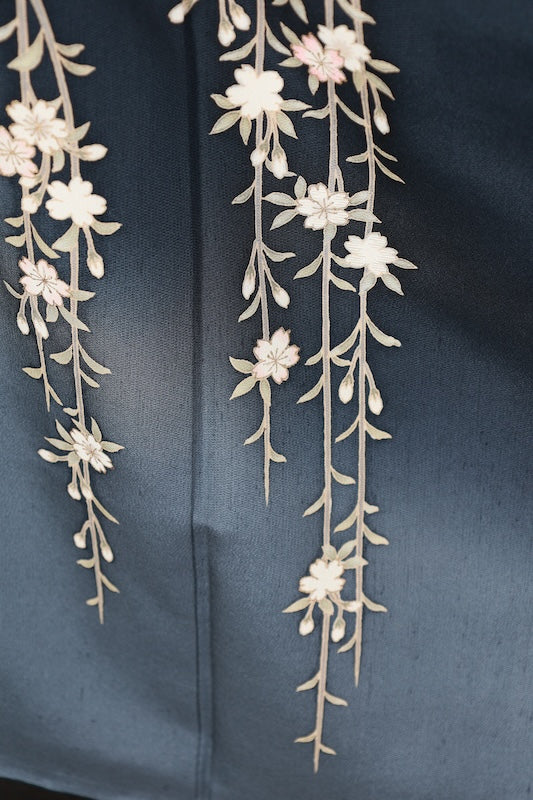 Houmongi kimono Dark navy, gray, cherry blossom pink pre-owned /R629