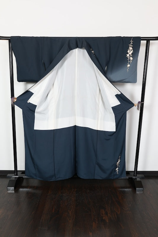 Houmongi kimono Dark navy, gray, cherry blossom pink pre-owned /R629