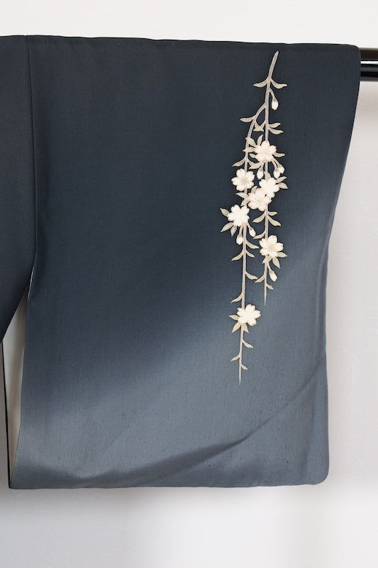 Houmongi kimono Dark navy, gray, cherry blossom pink pre-owned /R629