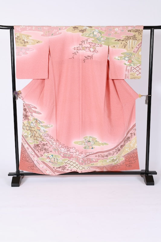 Japanese kimono used <houmongi> L-size  silk 100% /B1190