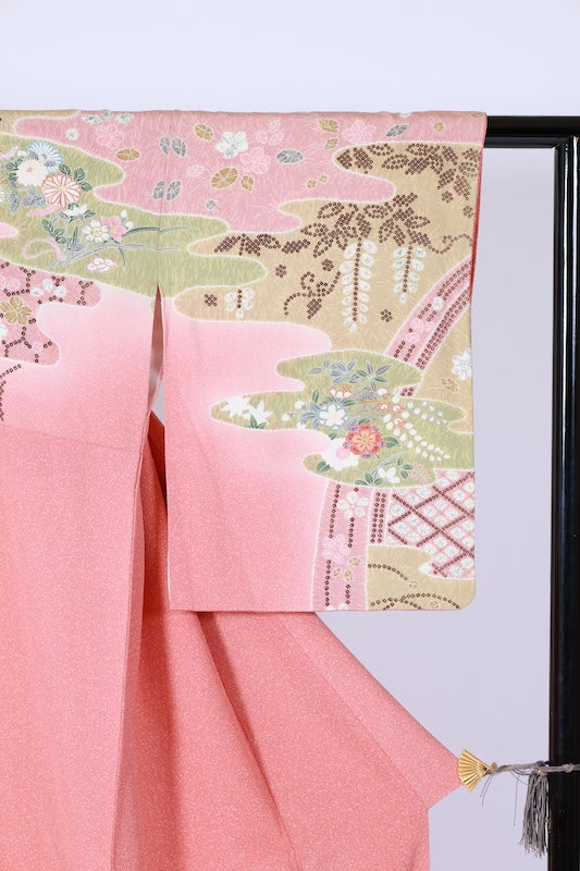 Japanese kimono used <houmongi> L-size  silk 100% /B1190