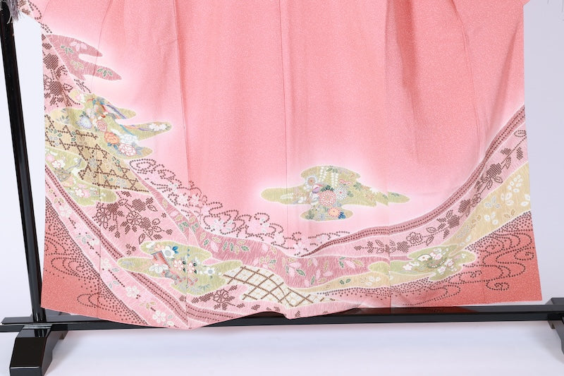 Japanese kimono used <houmongi> L-size  silk 100% /B1190