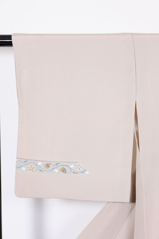 Houmongi kimono white brown embroidery pre-owned /R643