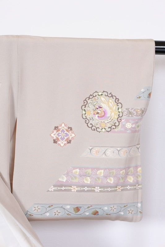 Houmongi kimono white brown embroidery pre-owned /R643