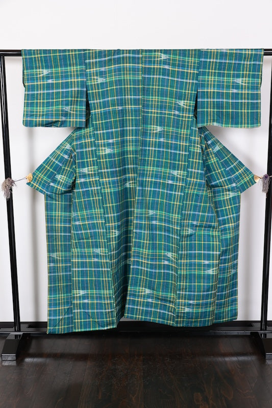 Tsumugi kimono green blue Hand-woven pre-owned /R641