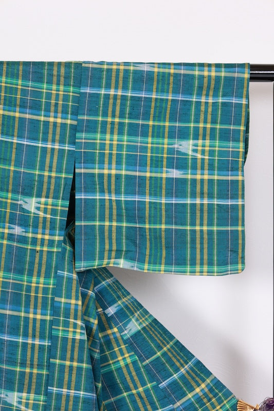 Tsumugi kimono green blue Hand-woven pre-owned /R641